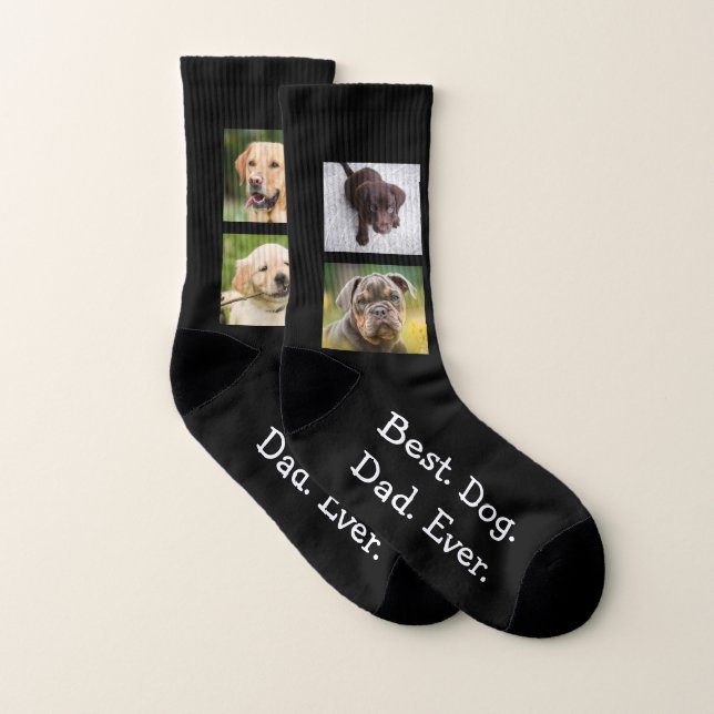 Fun 4 Photo Best Dog Dad Ever Collage on Black Socks (Pair)