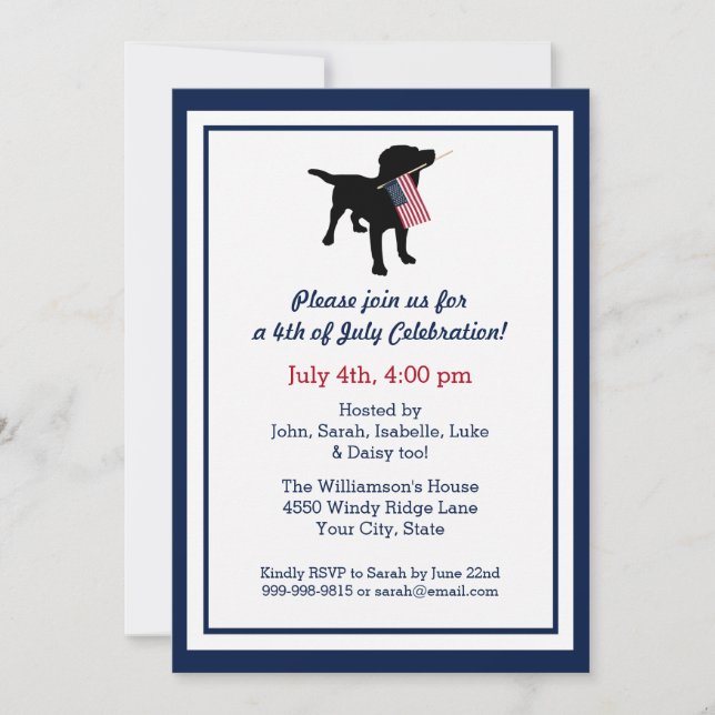 Fun 4th of July Black Lab with USA American Flag Invitation (Front)