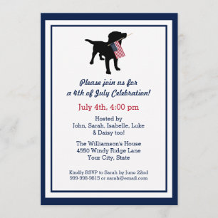 Fun 4th of July Black Lab with USA American Flag Invitation