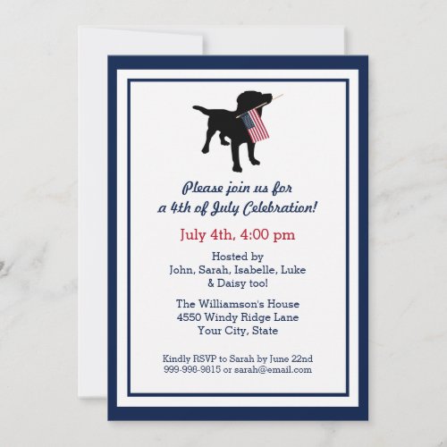 Fun 4th of July Black Lab with USA American Flag Invitation