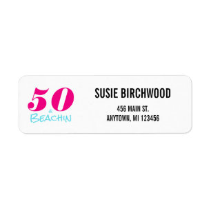 Fun 50 & Beachin Hot Pink Aquamarine Black Text Label