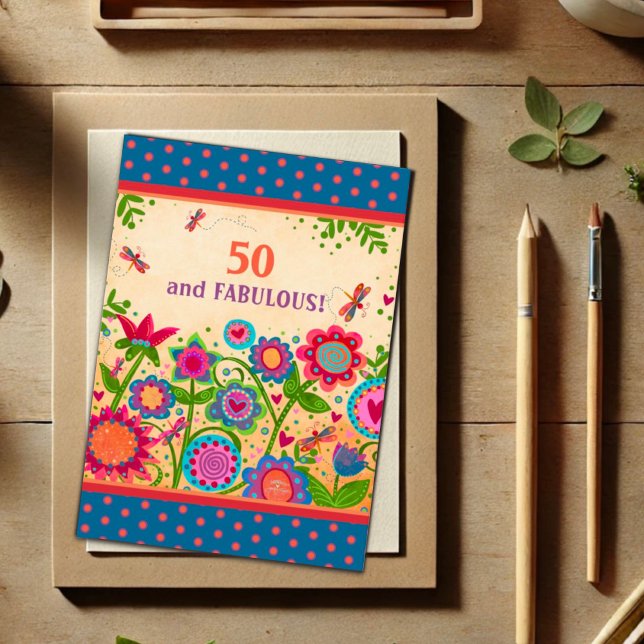 Fun 50 Fabulous Floral Dragonfly Colorful Age Card (Creator Uploaded)