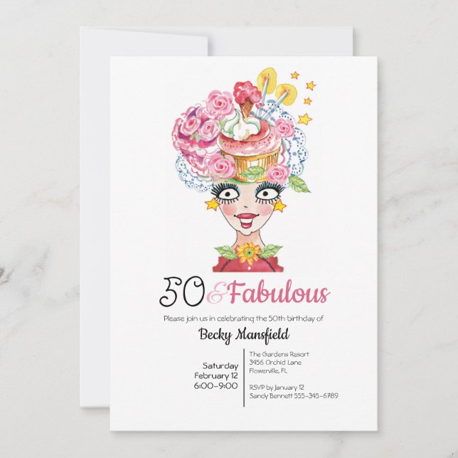 Fun 50 & Fabulous Lady Hat Multi Pink Invitation (Front)