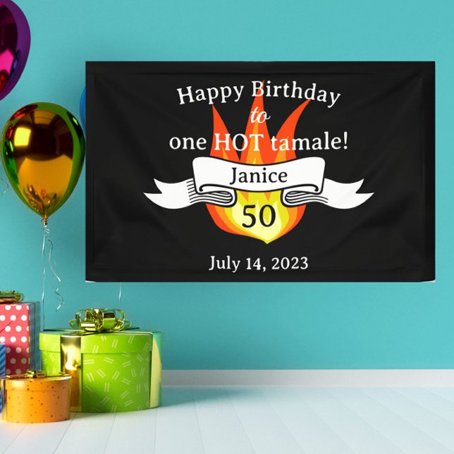Fun 50th Birthday "Hot Tamale" Funny Personalized Banner (Spice up a 50th birthday party with this fun custom "Hot Tamale" banner!)