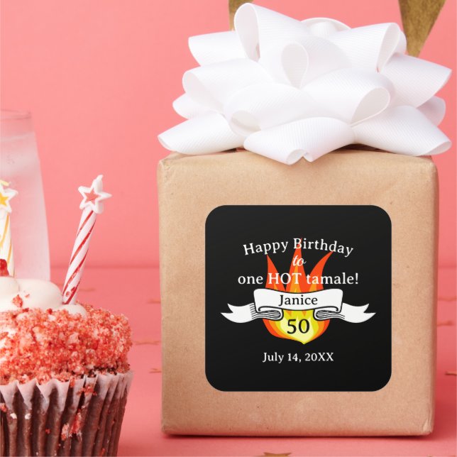 Fun 50th Birthday "Hot Tamale" Funny Personalized Square Sticker (Party)
