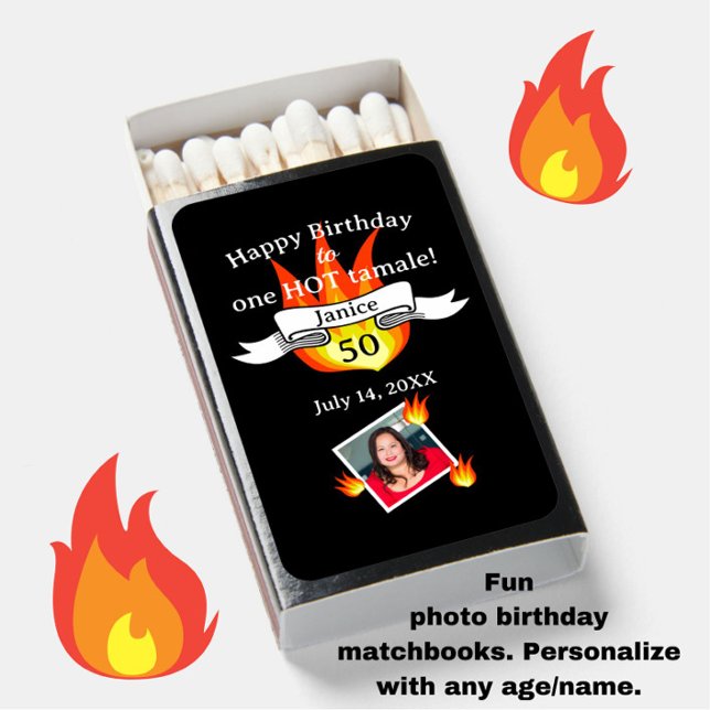 Fun 50th Birthday "Hot Tamale" Funny Photo  Matchboxes (Fun 50th birthday "Hot Tamale" matchbooks! Great for a birthday bbq.)