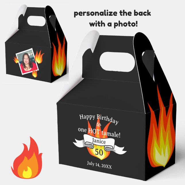 Fun 50th Birthday "Hot Tamale" Personalized Photo Favor Boxes (A fun favor box for birthdays (personalize with age and photo).)
