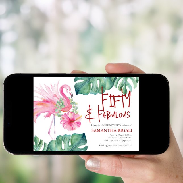 Fun 50th Birthday Invitation Tropical Flamingo (Front Digital)