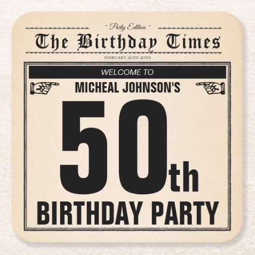 Fun 50th Birthday Vintage Old Newspaper Custom Square Paper Coaster