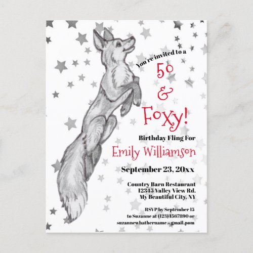 Fun 50th Black White Red Fox Star Foxy Birthday Invitation Postcard