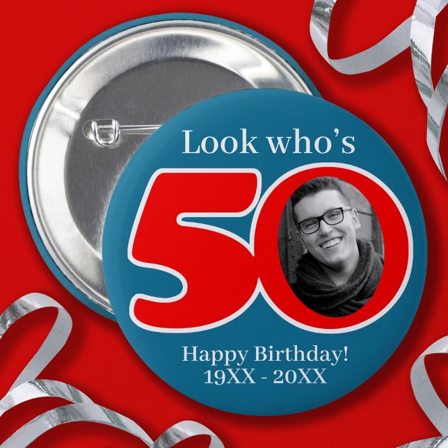 Fun 50th red & blue add your own photo and name button (Creator Uploaded)