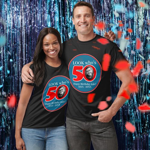 Fun 50th red  blue add your own photo and name T_Shirt