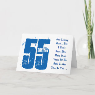 Fun, 55th birthday, brother, blue and white text. card