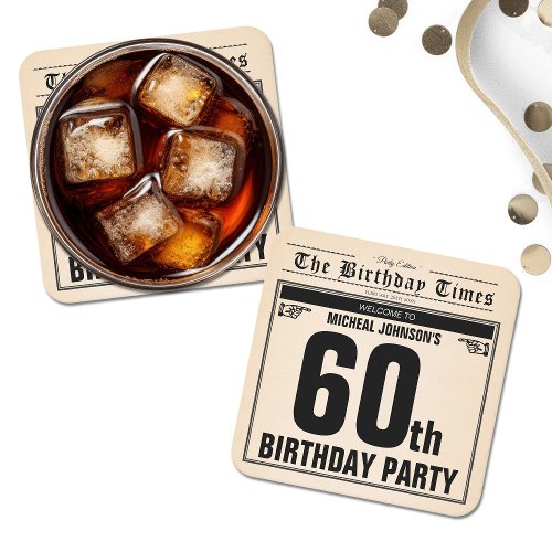 Fun 60th Birthday Vintage Newspaper Unique Custom Square Paper Coaster