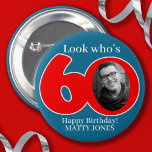 Fun 60th red & blue add your own photo and name button<br><div class="desc">A fun 60th birthday photo pin button badge in red, and blue hues. Designed for you to add in the photo of your 60th birthday recipient from the past or a current fun photo plus your own choice of wording or name. A fun gift for a sixtieth birthday. Created by...</div>