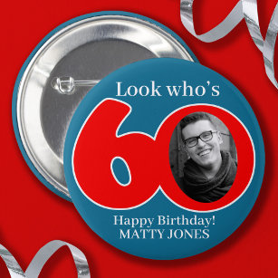 Fun 60th red & blue add your own photo and name button