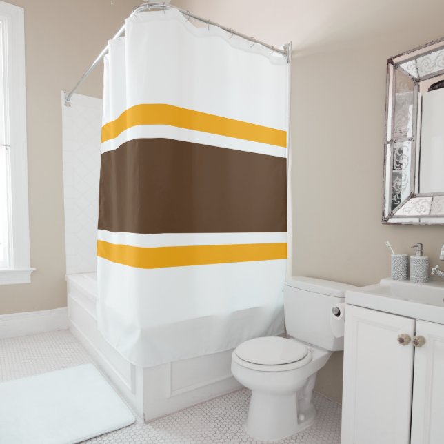 Fun 70s Wide Athletic Brown Yellow Racing Stripes Shower Curtain (In Situ)