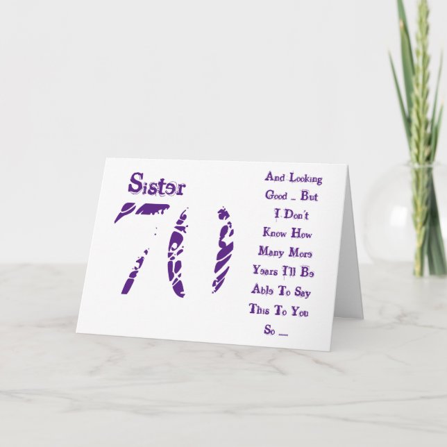 Fun, 70th birthday, sister, purple and white text. card (Front)