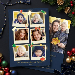 Fun 7 Photo Family Christmas Greeting Navy & Gold Foil Holiday Card