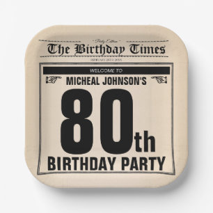 Fun 80th Birthday Old Newspaper Vintage Custom Paper Plates