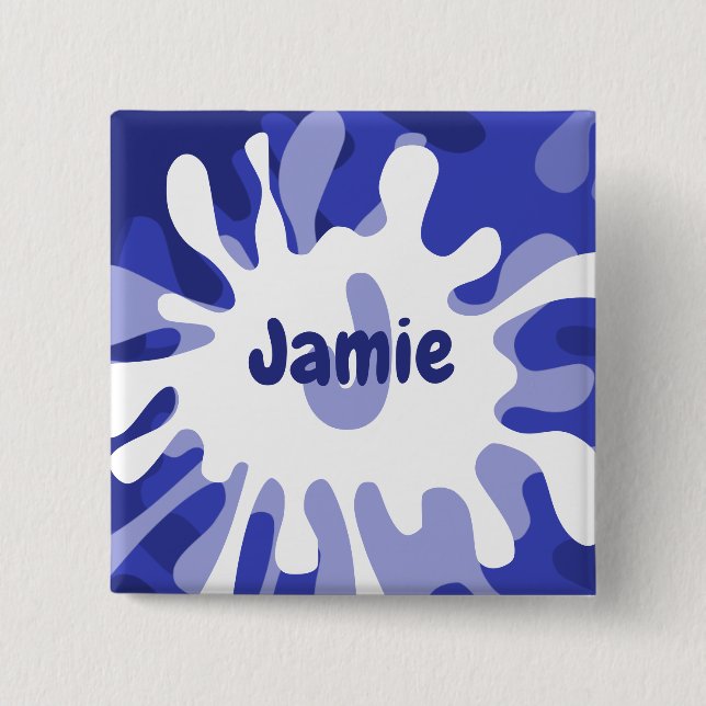 Fun Abstract Blue Splatter Painting Name Button (Front)