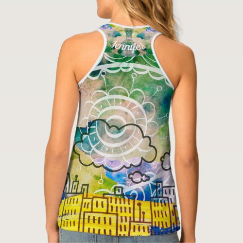 Fun abstract doodle pattern artsy blue lime green  tank top