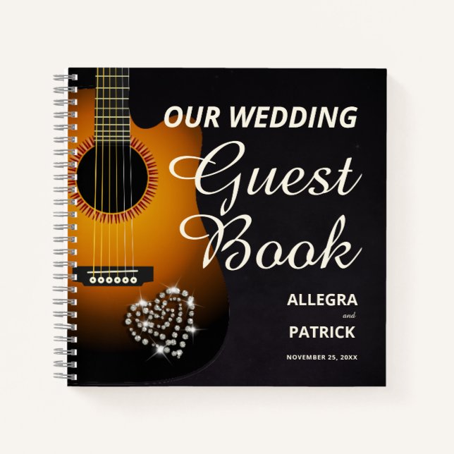 Fun Acoustic Guitar Diamonds Photo Wedding Guest Notebook (Front)