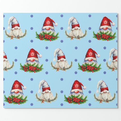Fun Adorable Gnomes on Light Blue Wrapping Paper