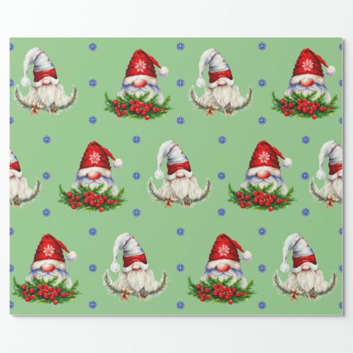 Fun Adorable Gnomes on Light Green Wrapping Paper