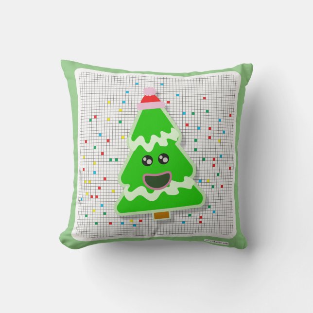 Fun Adorable Kawaii Christmas Tree Cartoon Throw Pillow (Front)