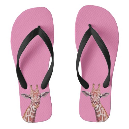 Fun African Giraffe Watercolor on Pink Flip Flops