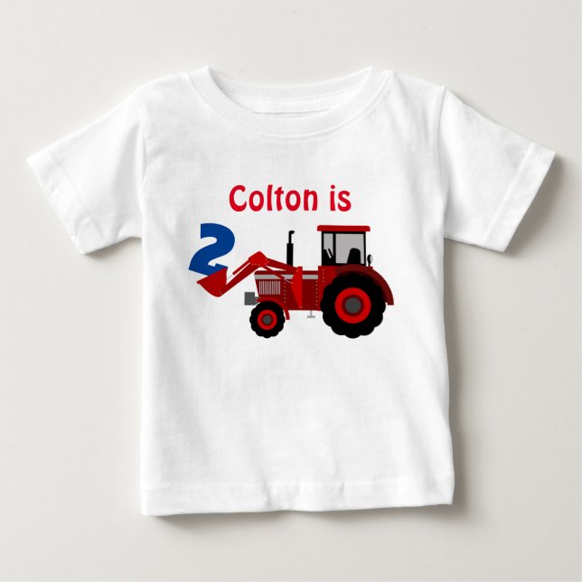 Fun "Age" and "Name" Red Tractor Birthday Baby T-Shirt (Front)