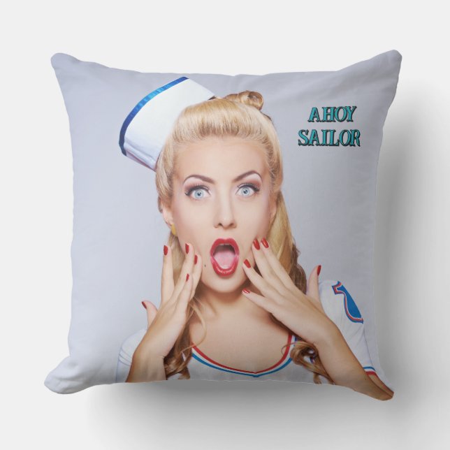 Fun Ahoy Sailor Girl in Sailor's Hat Editable Text Outdoor Pillow (Front)