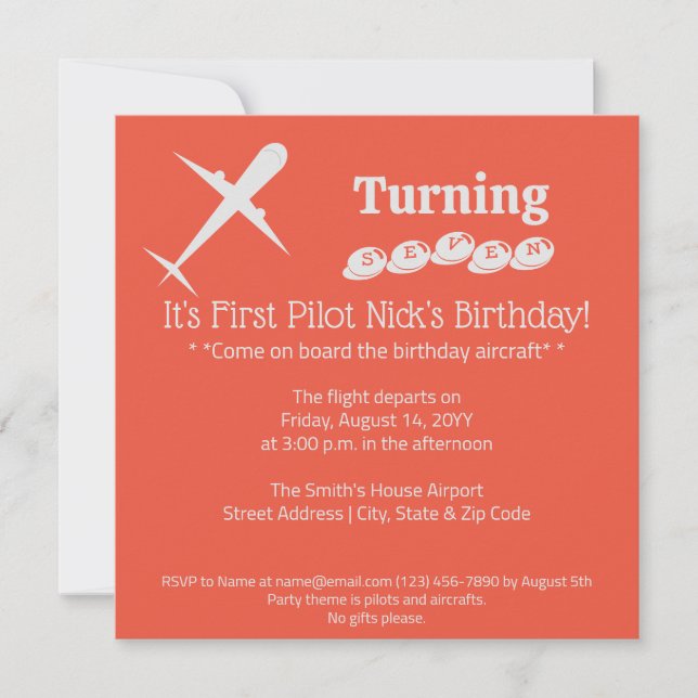 Fun Airplane Pilot Kids Birthday Orange Red Invitation (Front)