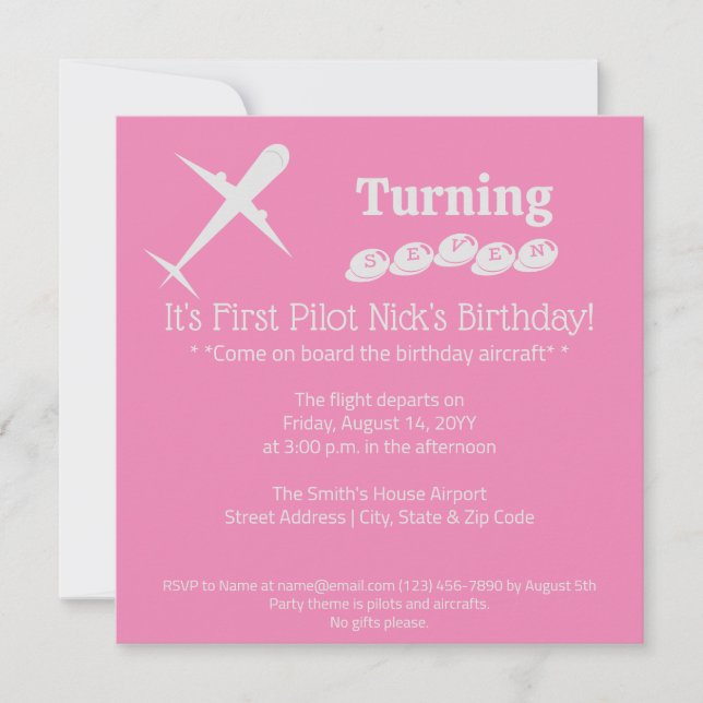 Fun Airplane Pilot Kids Birthday Party Pink Invitation (Front)
