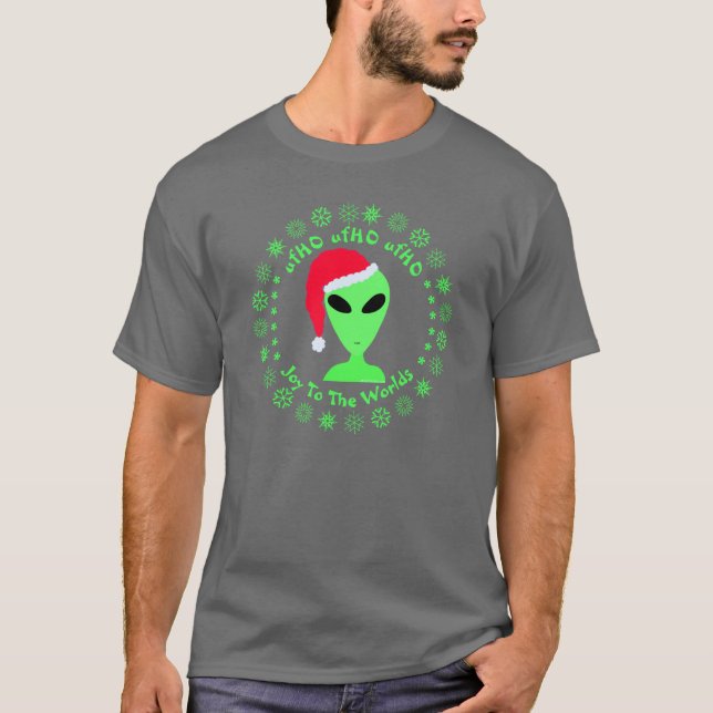 Fun Alien Santa Geek Humor Green Snowflakes Fun T-Shirt (Front)