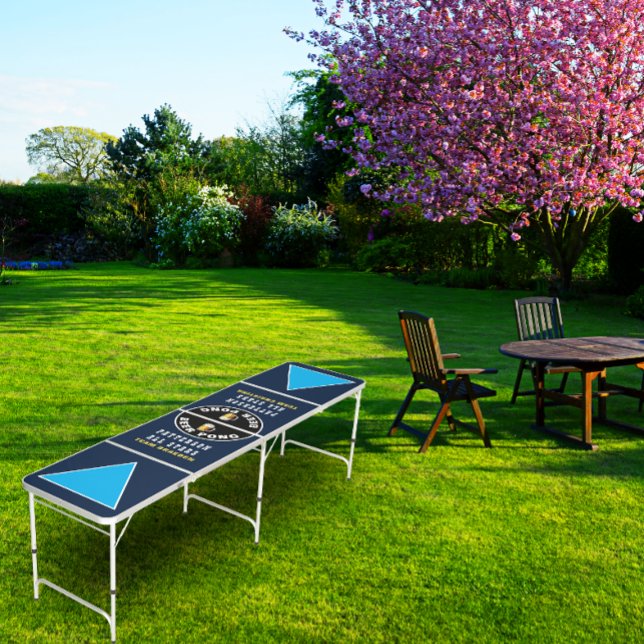 Fun All Stars Custom Beer Pong Table (Family and friends are gathered to have some fun playing beer pong with this navy blue/blue table.)