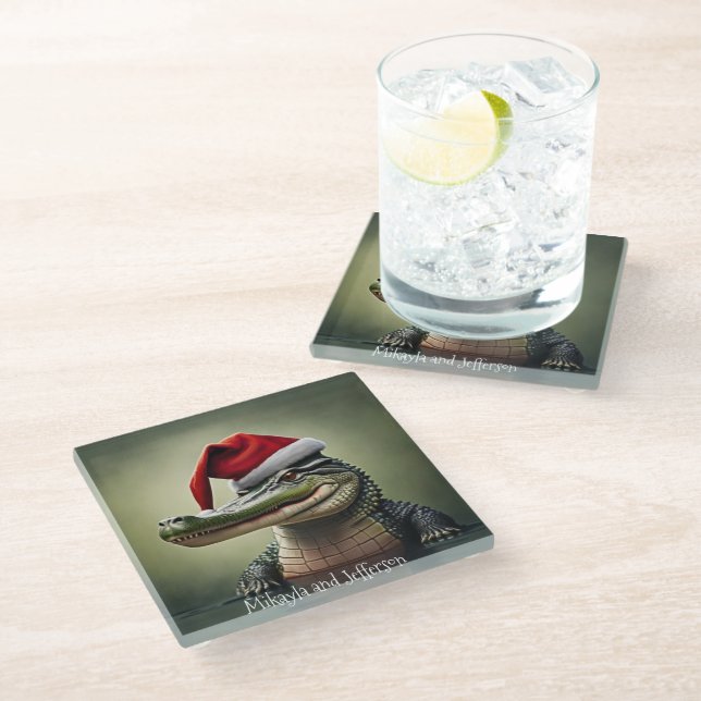 Fun Alligator in Santa Hat   Glass Coaster (Angled)