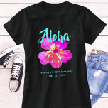Fun Aloha Tropical Birthday Luau Party T-Shirt<br><div class="desc">This colorful Aloha Hawaiian Luau shirt features a bright tropical hibiscus flower and is personalized with your name and birthday.  A fun shirt to celebrate your special day!   Makes a great party favor.  Design©Rosalind Moore,  Cherry Lane Designs.</div>