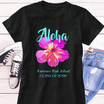 Fun Aloha Tropical Luau Party Graduation  T-Shirt<br><div class="desc">This colorful Aloha Hawaiian Luau shirt features a bright tropical hibiscus flower and is personalized with your school name and class year.  A fun shirt to celebrate your special day!   Makes a great party favor.  Design©Rosalind Moore,  Cherry Lane Designs.</div>