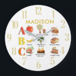 Fun Alphabet ABC's Personalized Name Large Clock<br><div class="desc">Fun educational wall clock  -- learn ABC's and learn something about veggie's -- how they grow and what they can become in our daily lives.  Any design questions or special requests,  just send a chat or an email to charmdesignstudio@rcn.com and we'll be delighted to assist.</div>