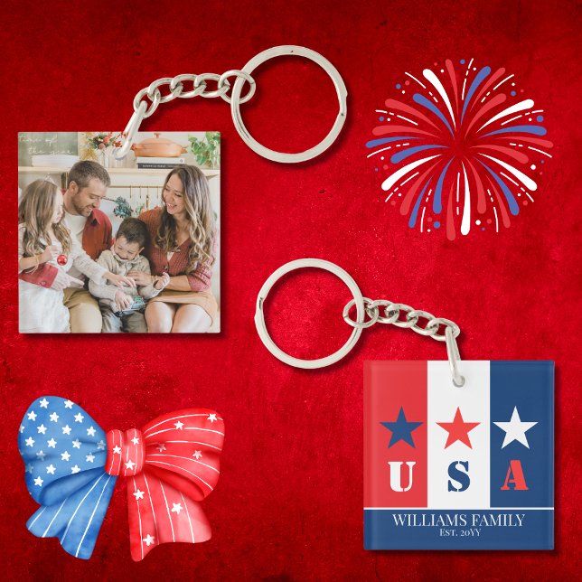 Fun American Flag,Patriotic USA,Family Name Photo  Keychain (Creator Uploaded)