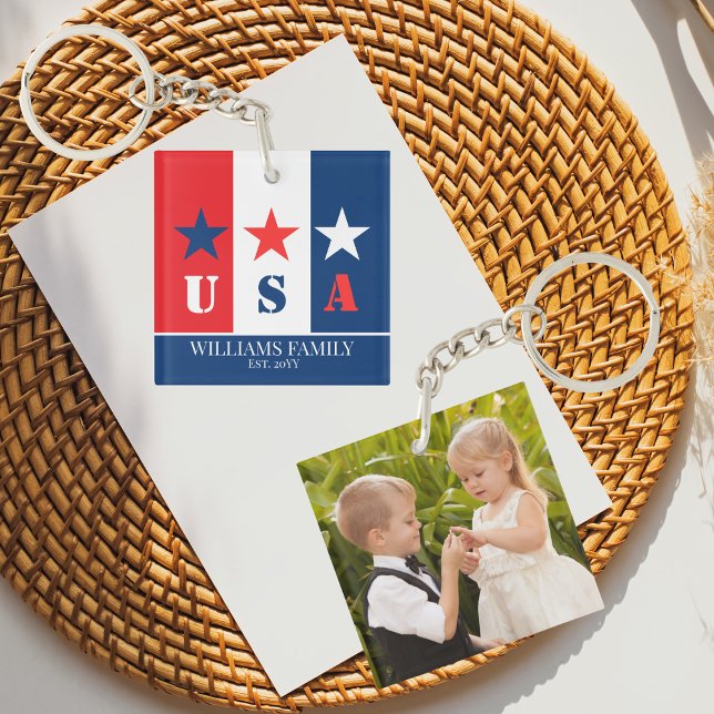 Fun American Flag,Patriotic USA,Family Name Photo  Keychain (Creator Uploaded)