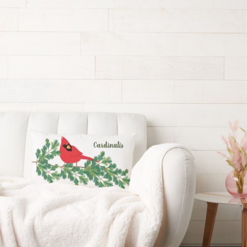 Fun and Beautiful Red Cardinal Perched Pine Branch Lumbar Pillow