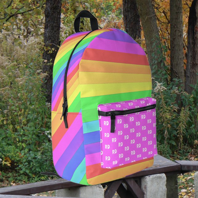 Fun and Bright Rainbow Stripes, Monograms on Pink Printed Backpack (Elegant, monogrammed, rainbow stripes.
)
