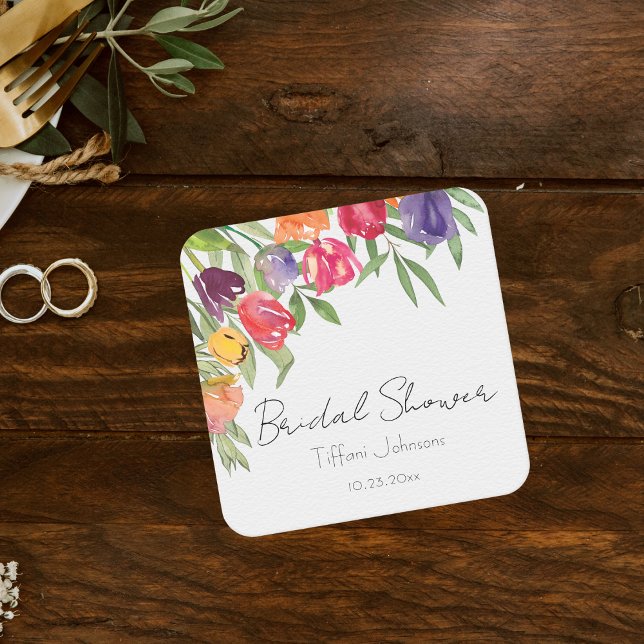 Fun and Bright Tulips and Greenery Bridal Shower Square Paper Coaster (Creator Uploaded)