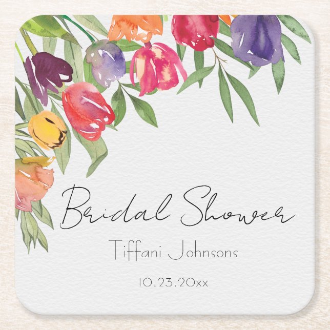 Fun and Bright Tulips and Greenery Bridal Shower Square Paper Coaster (Front)