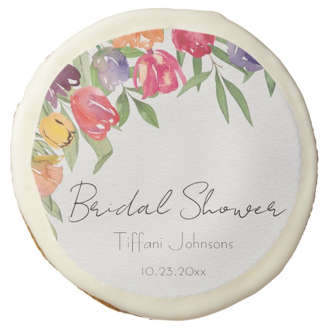 Fun and Bright Tulips and Greenery Bridal Shower Sugar Cookie (Front)