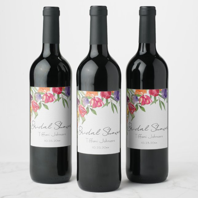 Fun and Bright Tulips and Greenery Bridal Shower Wine Label (Bottles)