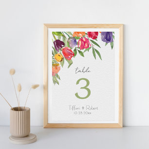 Fun and Bright Tulips and Greenery Wedding Table Number